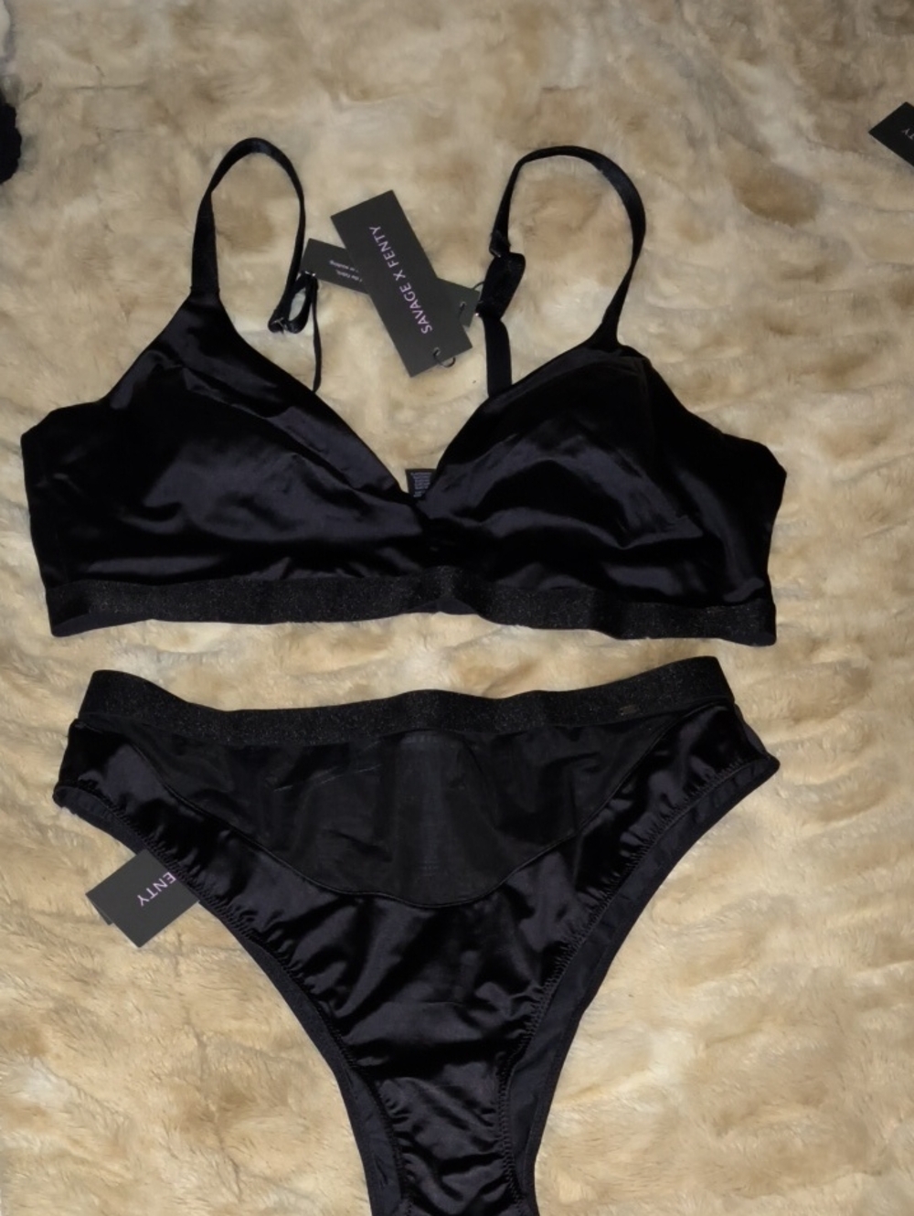 Savage X Fenty Slipper Satin In Caviar Black Bralette & High-Cut Bikini